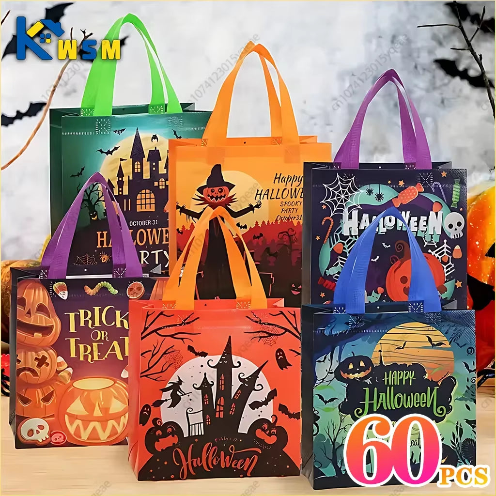 1-60PCS Halloween Candy Gift Bags Halloween Trick or Treat Bags Halloween Tote Bag with Handle Halloween Party Kids Gift Bags