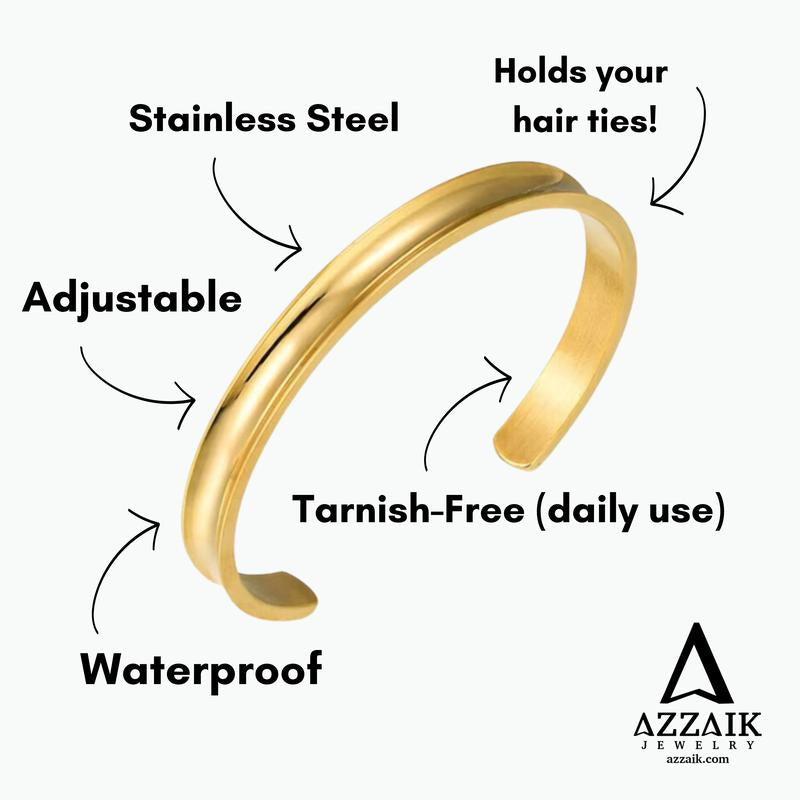 Hair Tie Holder Cuff 18K PVD Gold Stainless Steel Adjustable Bangle Waterproof Tarnish-Free Versatile Wear for Any Occasion