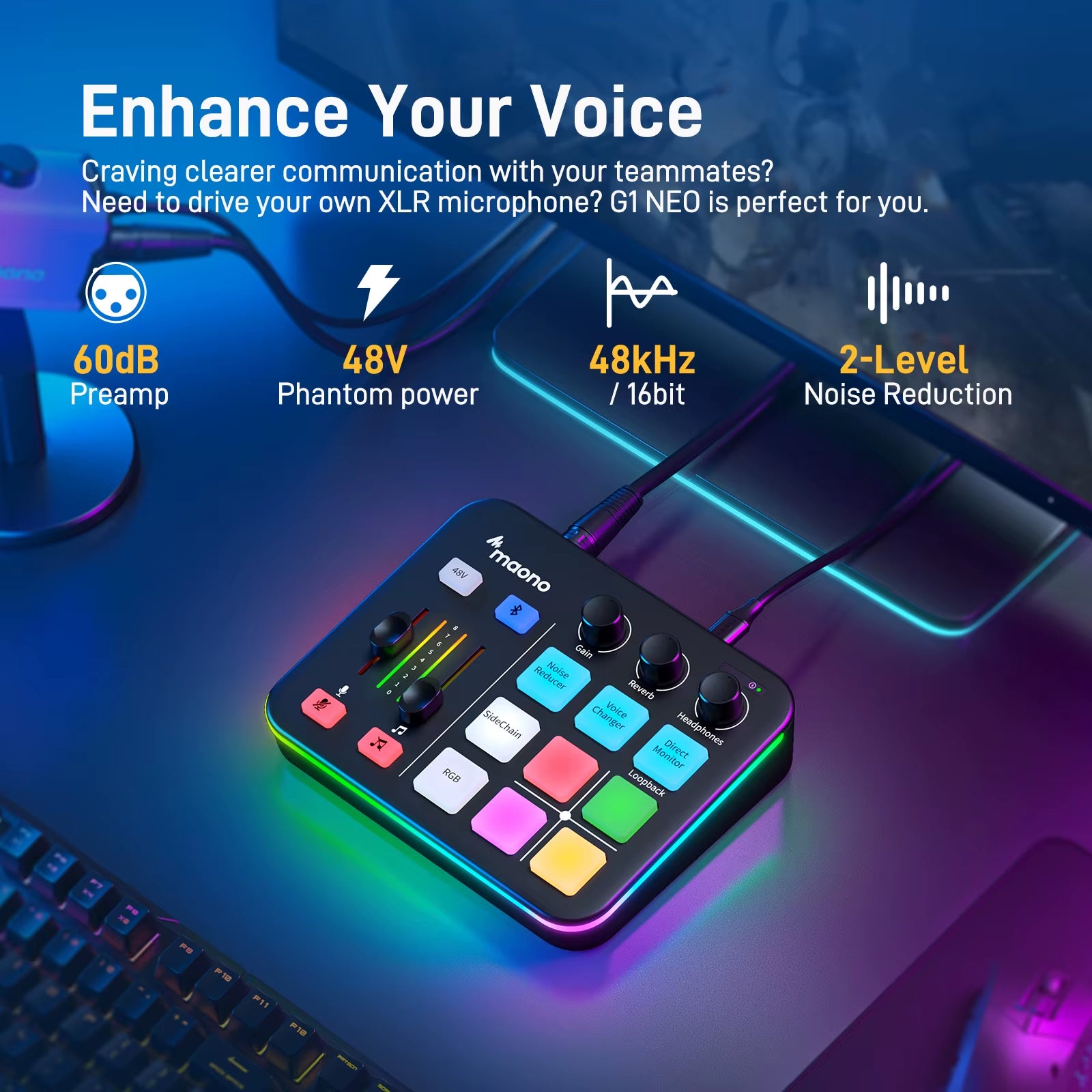 G1 NEO Gaming Audio Mixer,Custom Sound Effects RGB Streaming with XLR Microphone Audio Interface,For Game Voice,Podcast