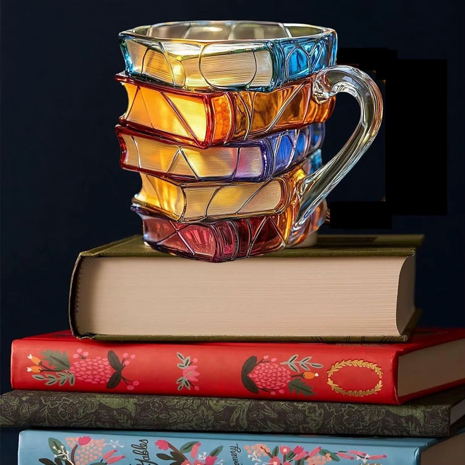 300ML Painted Book Mug 3D Colored Book Coffee Cup Novelty Unique Resin Books Stack Coffee Cups Gifts for Literature Book Lovers