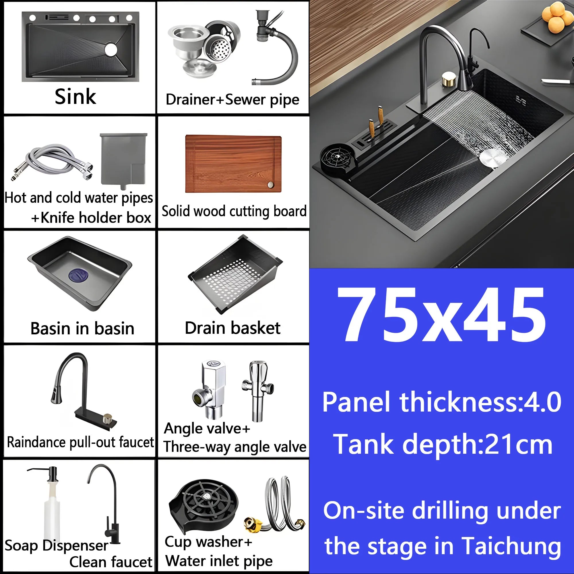 Waterfall Sink Embossed Stainless Steel Kitchen Sink Large Single Slot Digital Display Wash Basin Dishwashing Pond 4.0MM