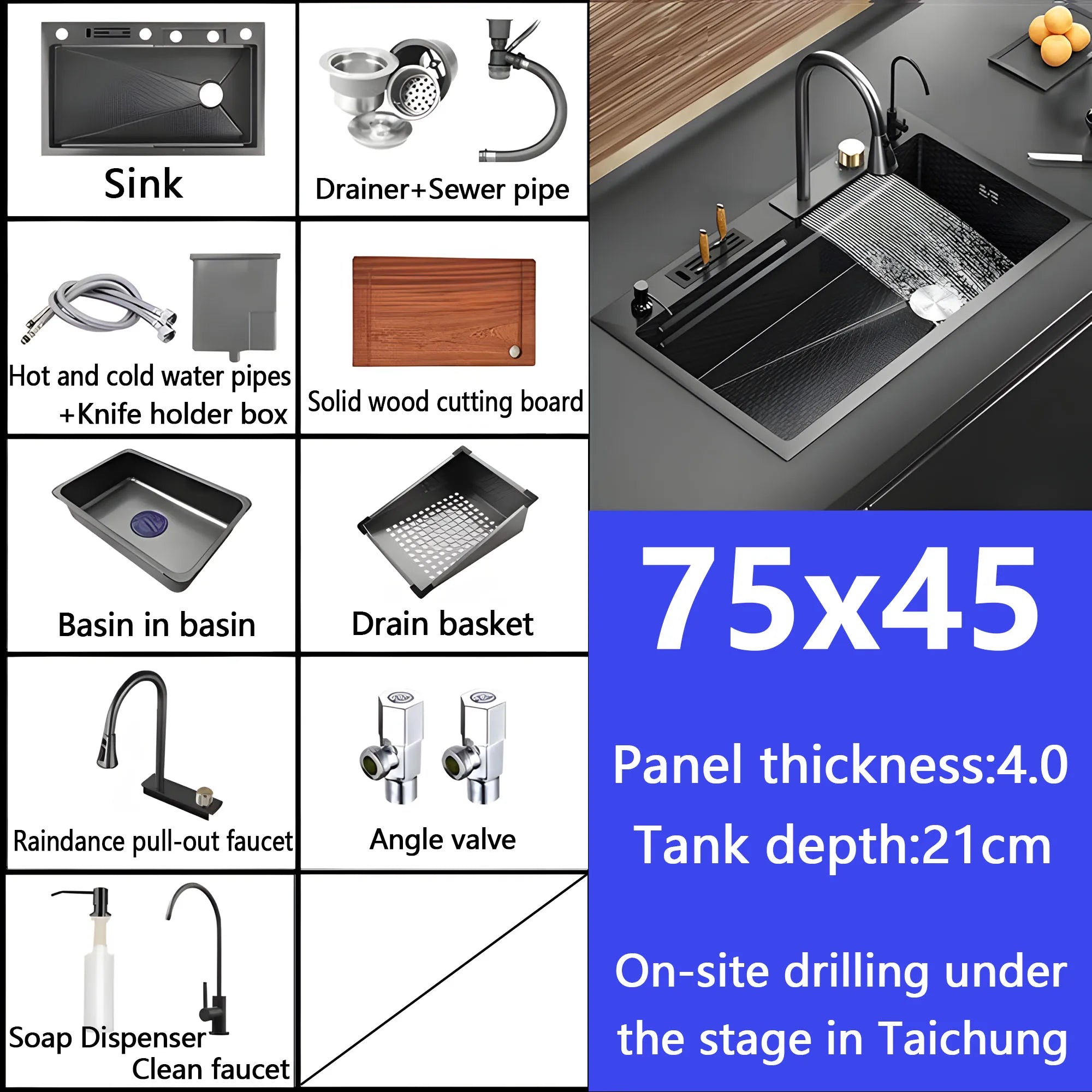 Waterfall Sink Embossed Stainless Steel Kitchen Sink Large Single Slot Digital Display Wash Basin Dishwashing Pond 4.0MM