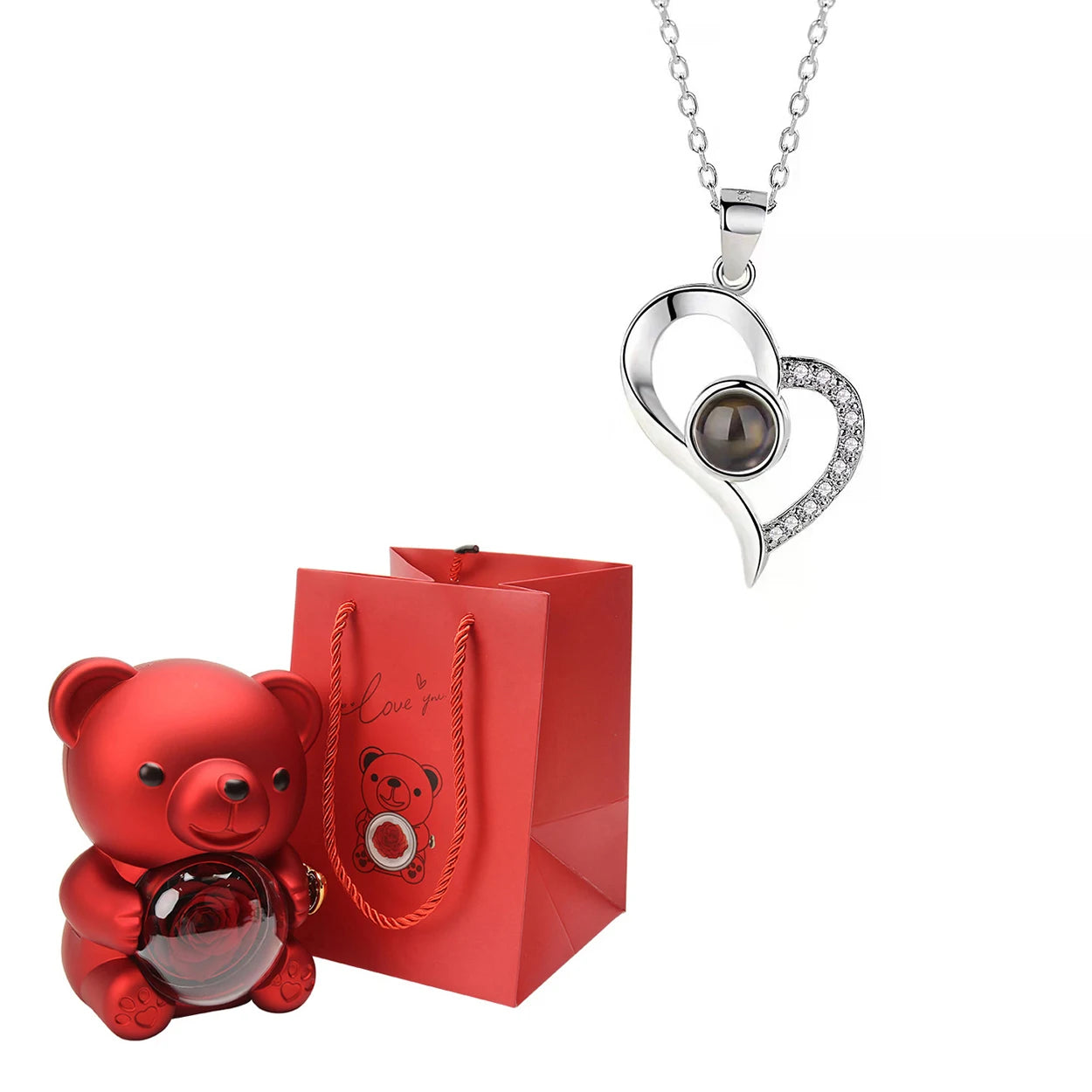 Custom Color Picture Projection Necklace with Luxury Acrylic Bear Rose Gift Box for Women Girlfriend Mom 2025 Romantic Gifts
