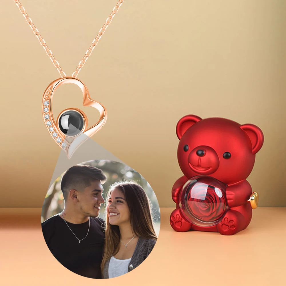 Custom Color Picture Projection Necklace with Luxury Acrylic Bear Rose Gift Box for Women Girlfriend Mom 2025 Romantic Gifts