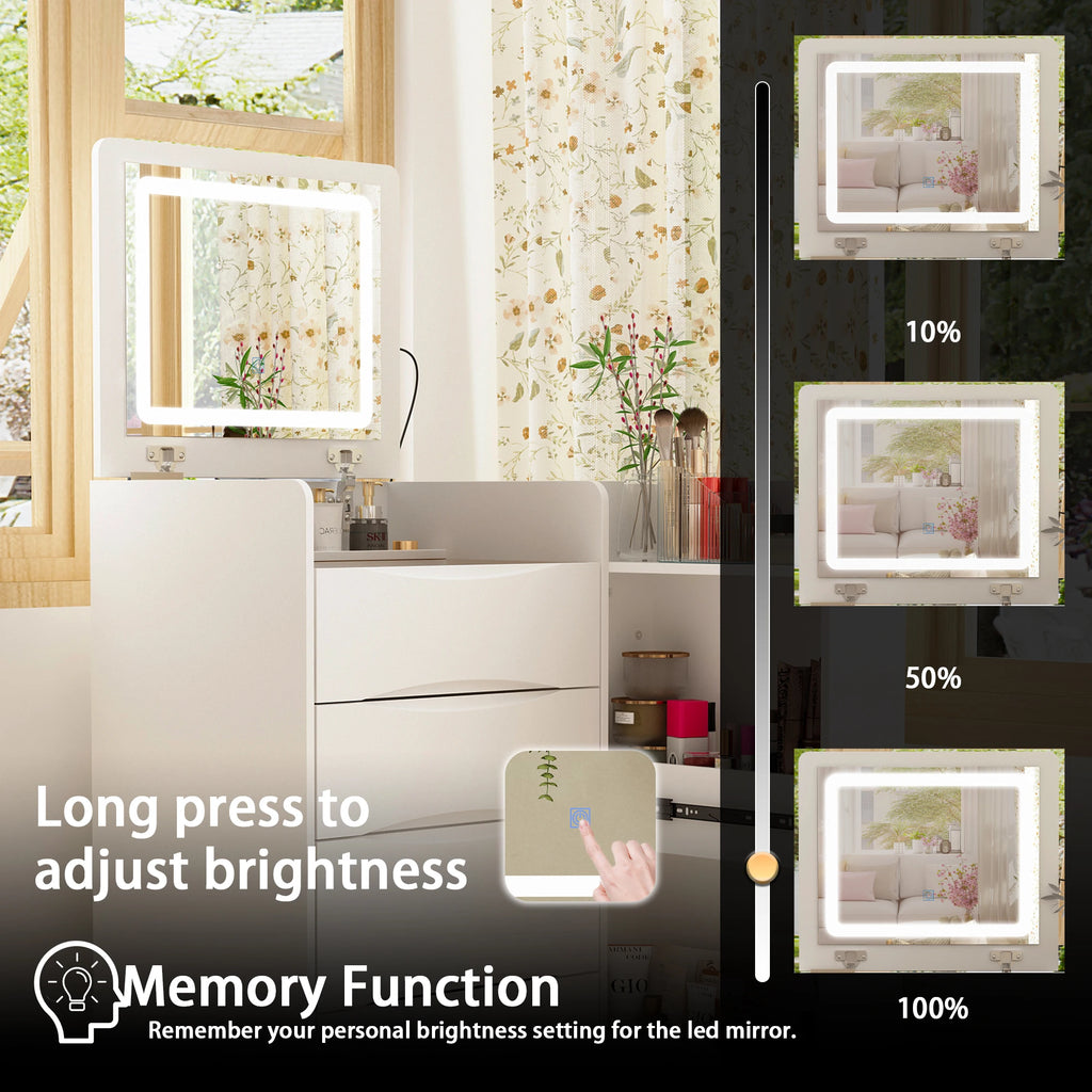 Modern Makeup Vanity Desk with Flip Mirror & LED Lights, Dressing Table with 3 Drawers, Stool and Glass Top, White