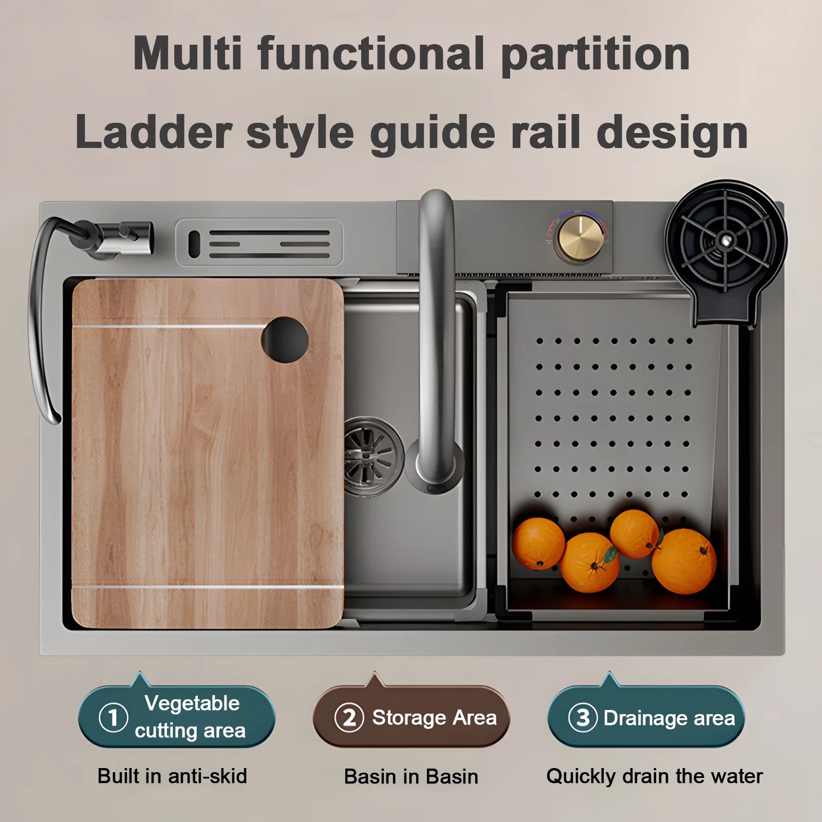 Waterfall Sink Embossed Stainless Steel Kitchen Sink Large Single Slot Digital Display Wash Basin Dishwashing Pond 4.0MM