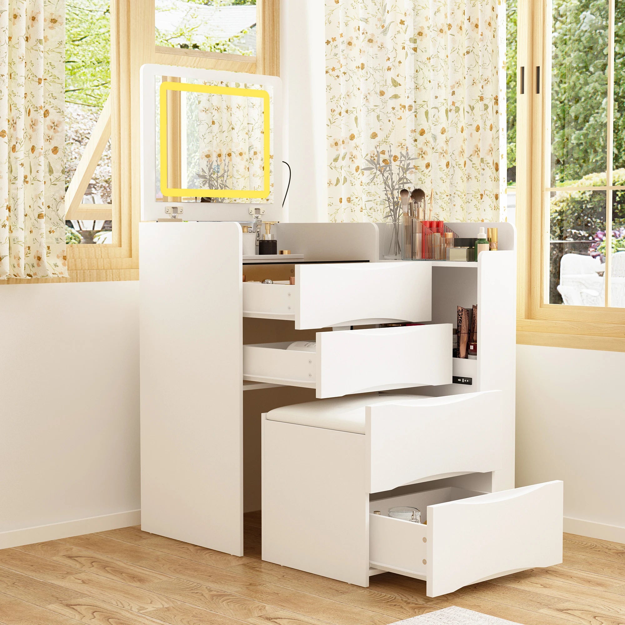 Modern Makeup Vanity Desk with Flip Mirror & LED Lights, Dressing Table with 3 Drawers, Stool and Glass Top, White
