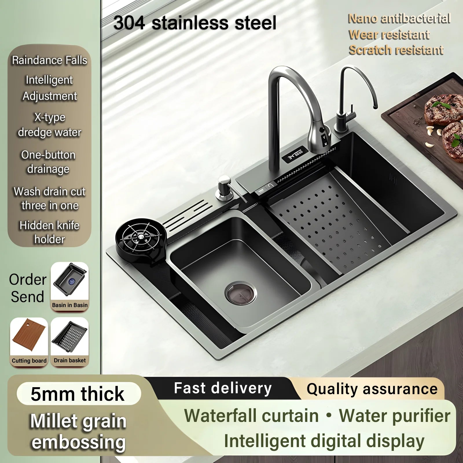 Waterfall Sink Embossed Stainless Steel Kitchen Sink Large Single Slot Digital Display Wash Basin Dishwashing Pond 4.0MM