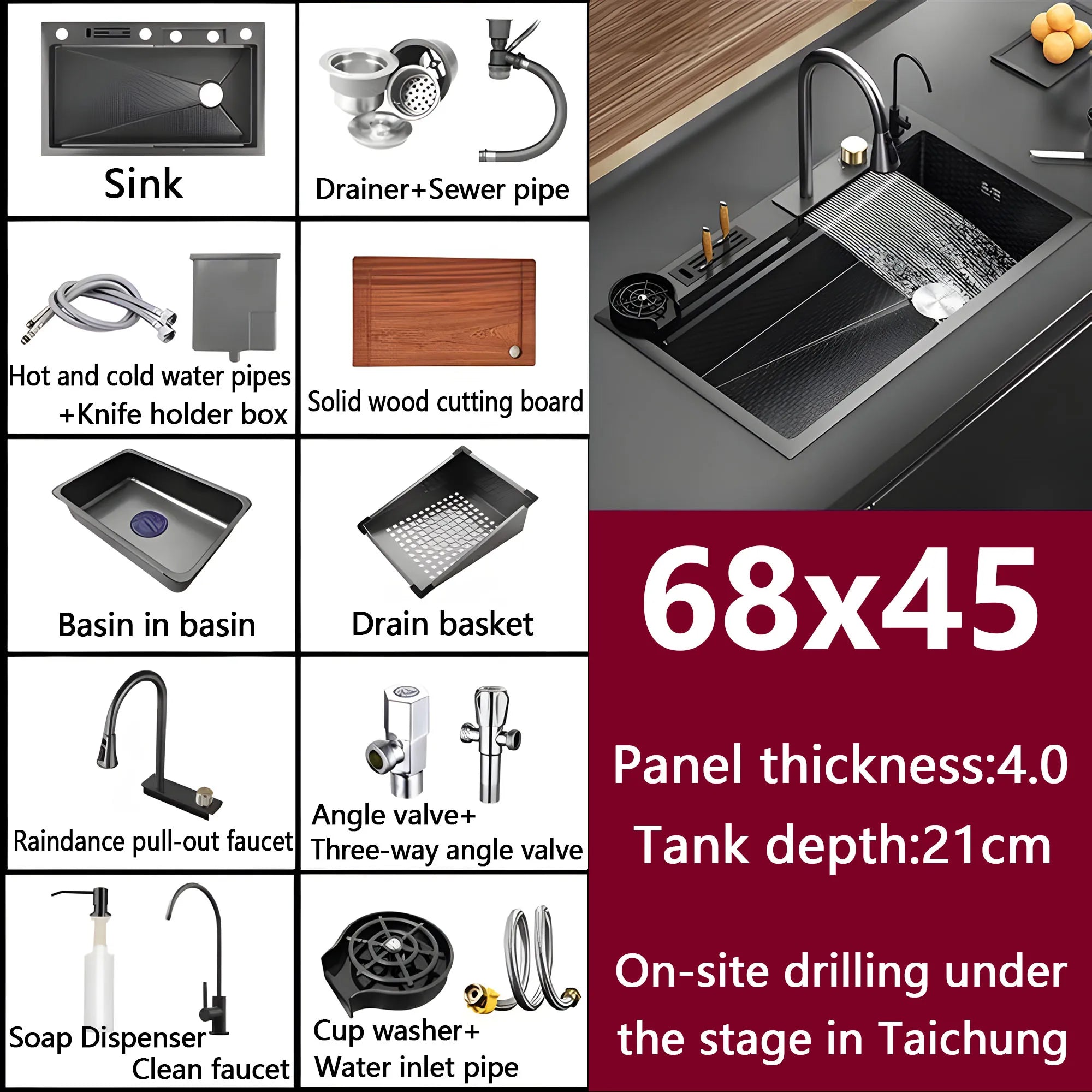 Waterfall Sink Embossed Stainless Steel Kitchen Sink Large Single Slot Digital Display Wash Basin Dishwashing Pond 4.0MM