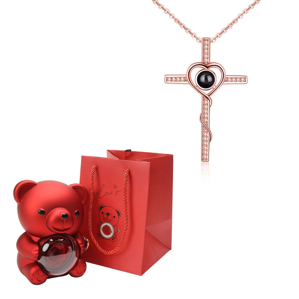 Custom Color Picture Projection Necklace with Luxury Acrylic Bear Rose Gift Box for Women Girlfriend Mom 2025 Romantic Gifts