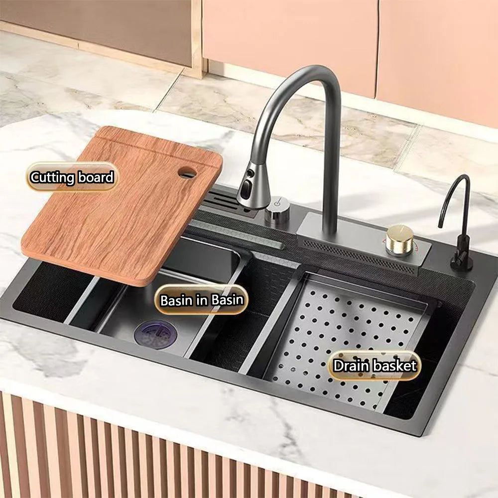 Waterfall Sink Embossed Stainless Steel Kitchen Sink Large Single Slot Digital Display Wash Basin Dishwashing Pond 4.0MM