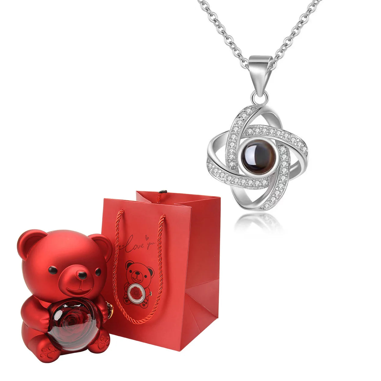 Custom Color Picture Projection Necklace with Luxury Acrylic Bear Rose Gift Box for Women Girlfriend Mom 2025 Romantic Gifts