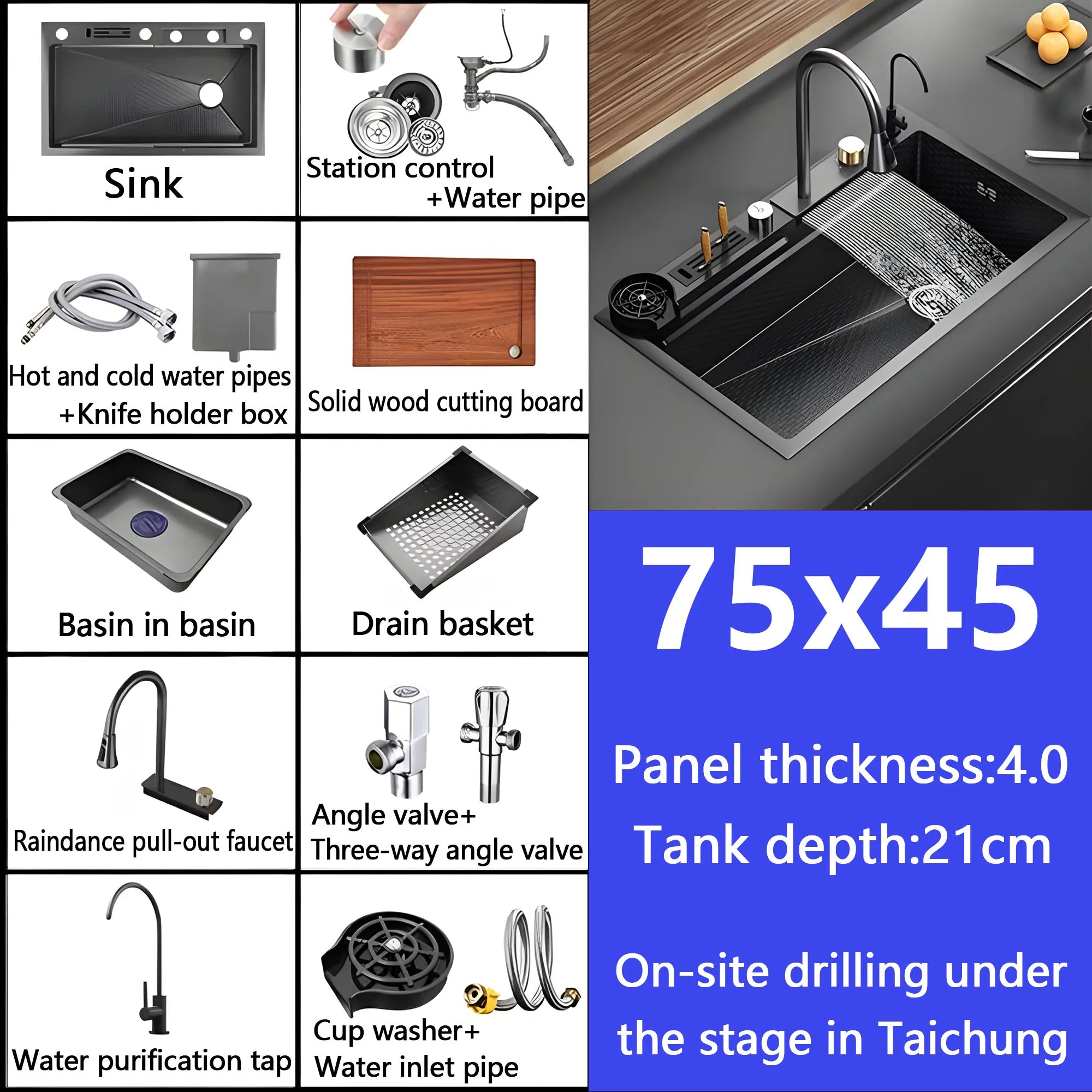 Waterfall Sink Embossed Stainless Steel Kitchen Sink Large Single Slot Digital Display Wash Basin Dishwashing Pond 4.0MM