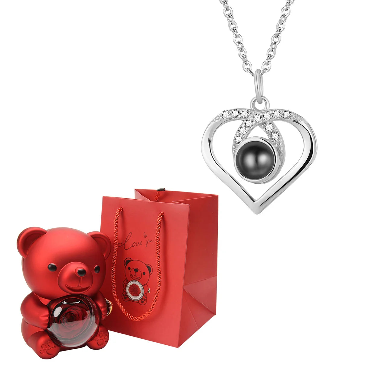 Custom Color Picture Projection Necklace with Luxury Acrylic Bear Rose Gift Box for Women Girlfriend Mom 2025 Romantic Gifts