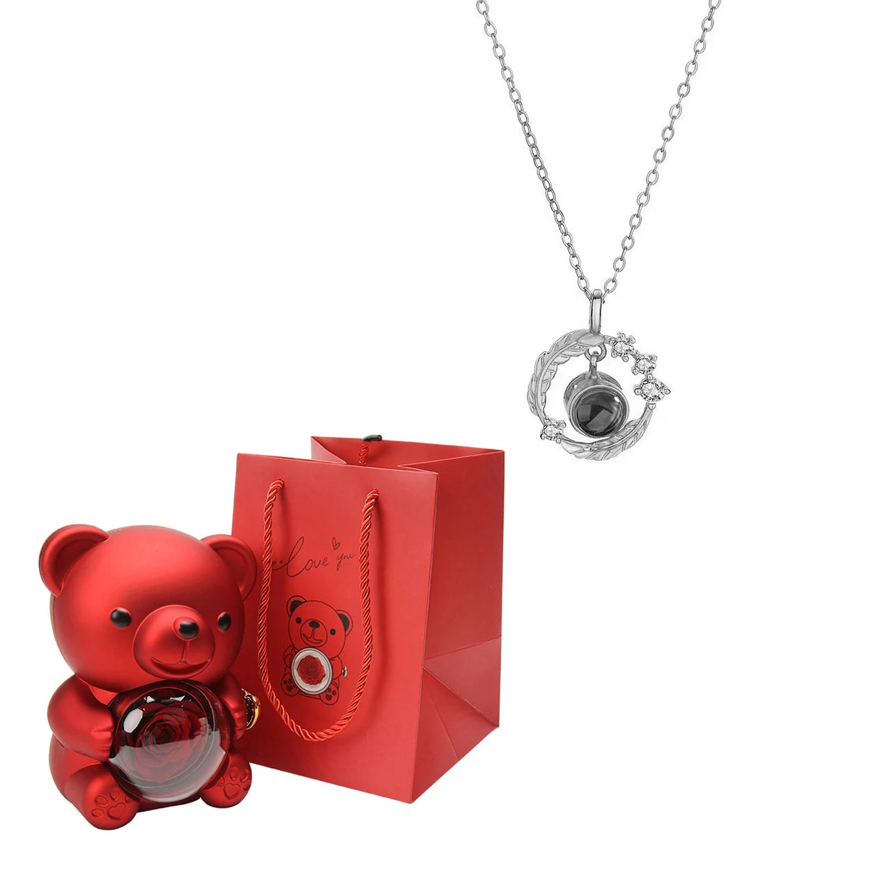 Custom Color Picture Projection Necklace with Luxury Acrylic Bear Rose Gift Box for Women Girlfriend Mom 2025 Romantic Gifts