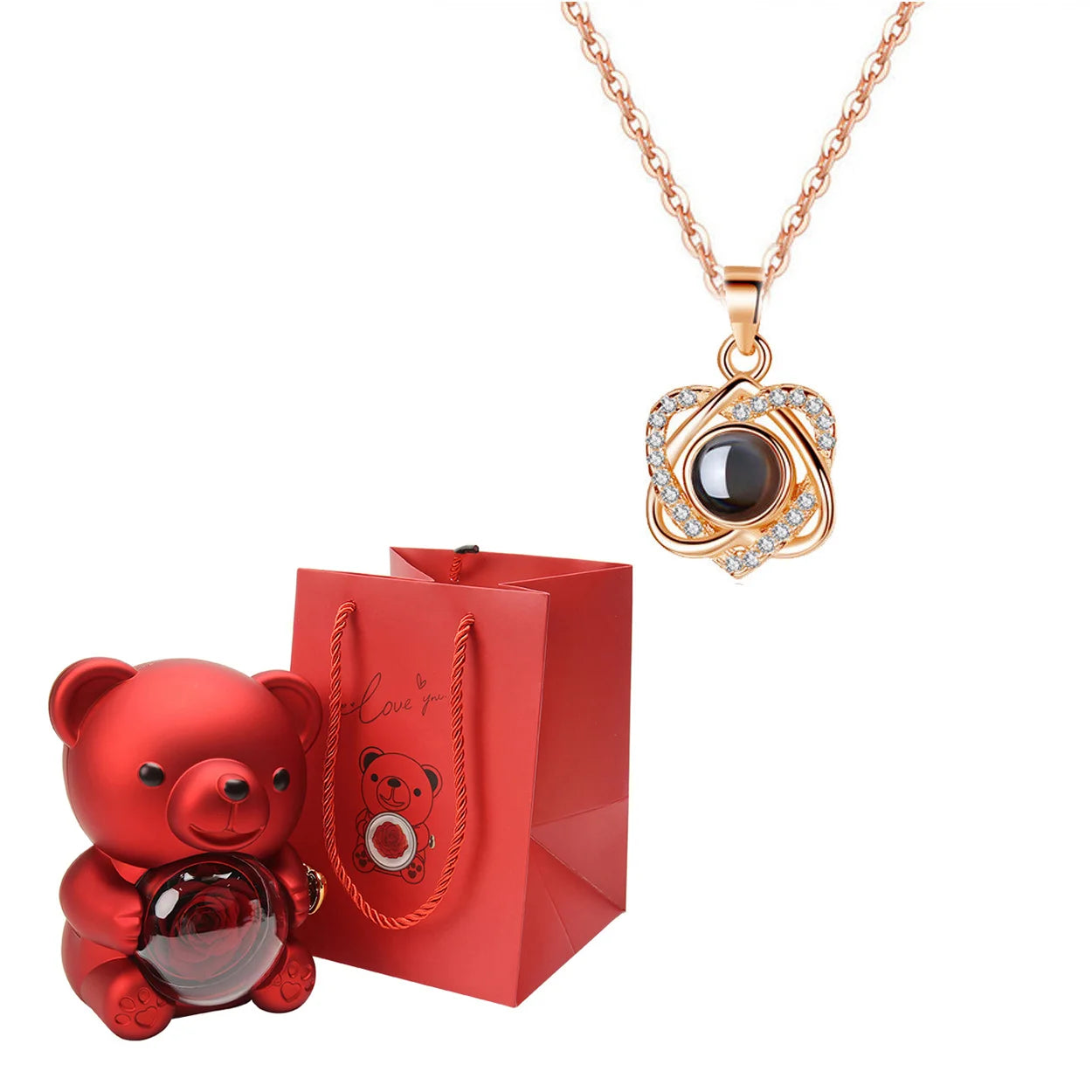 Custom Color Picture Projection Necklace with Luxury Acrylic Bear Rose Gift Box for Women Girlfriend Mom 2025 Romantic Gifts