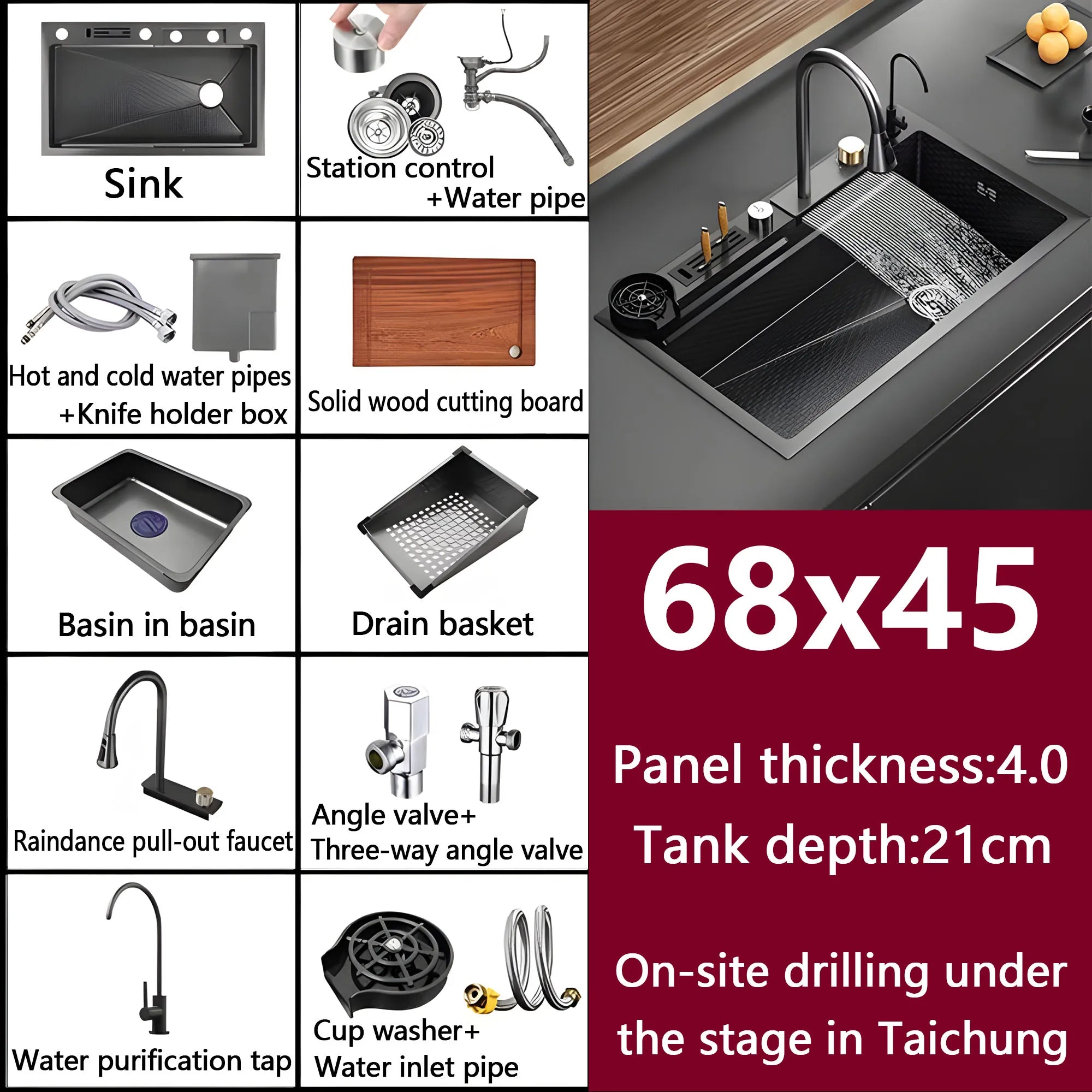 Waterfall Sink Embossed Stainless Steel Kitchen Sink Large Single Slot Digital Display Wash Basin Dishwashing Pond 4.0MM