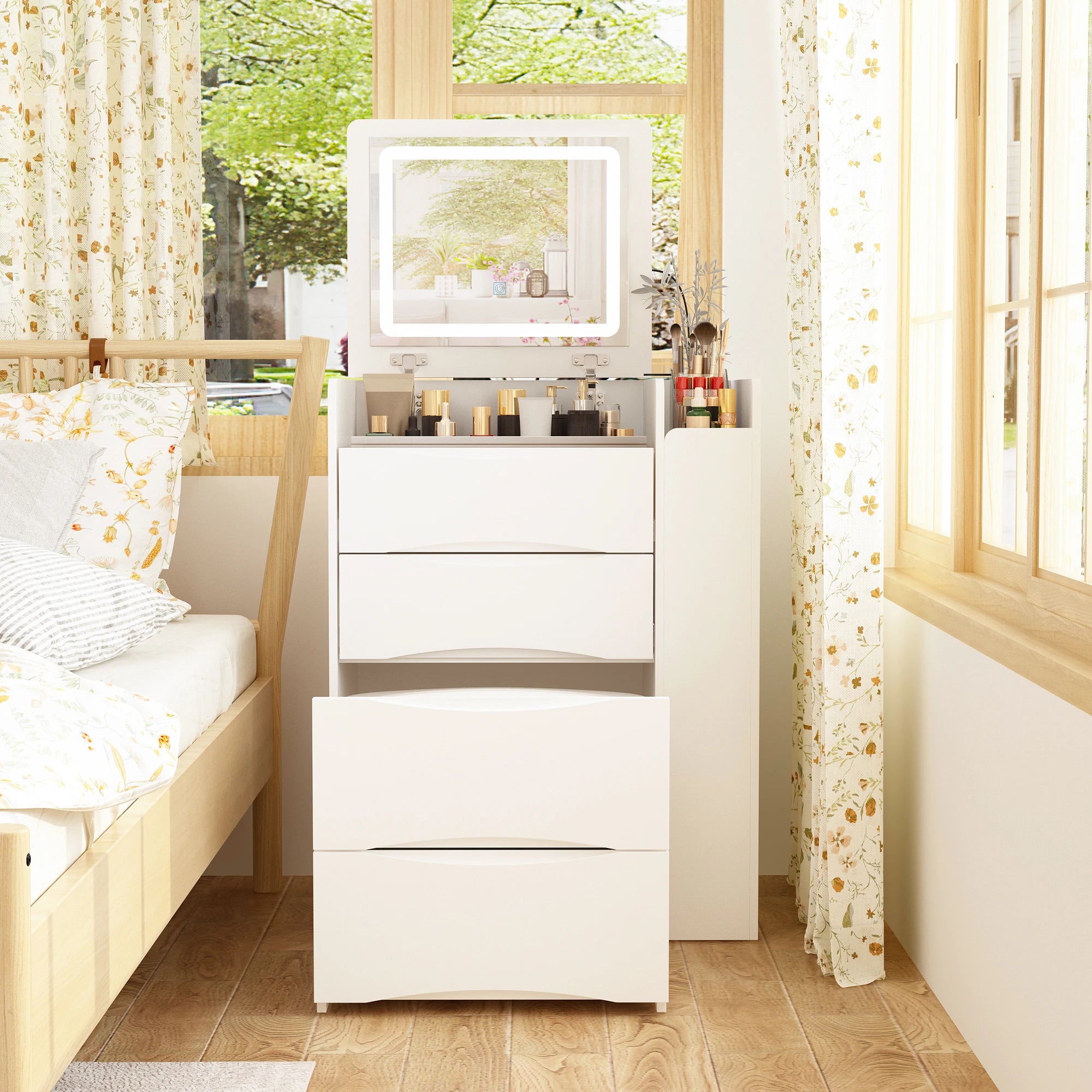 Modern Makeup Vanity Desk with Flip Mirror & LED Lights, Dressing Table with 3 Drawers, Stool and Glass Top, White