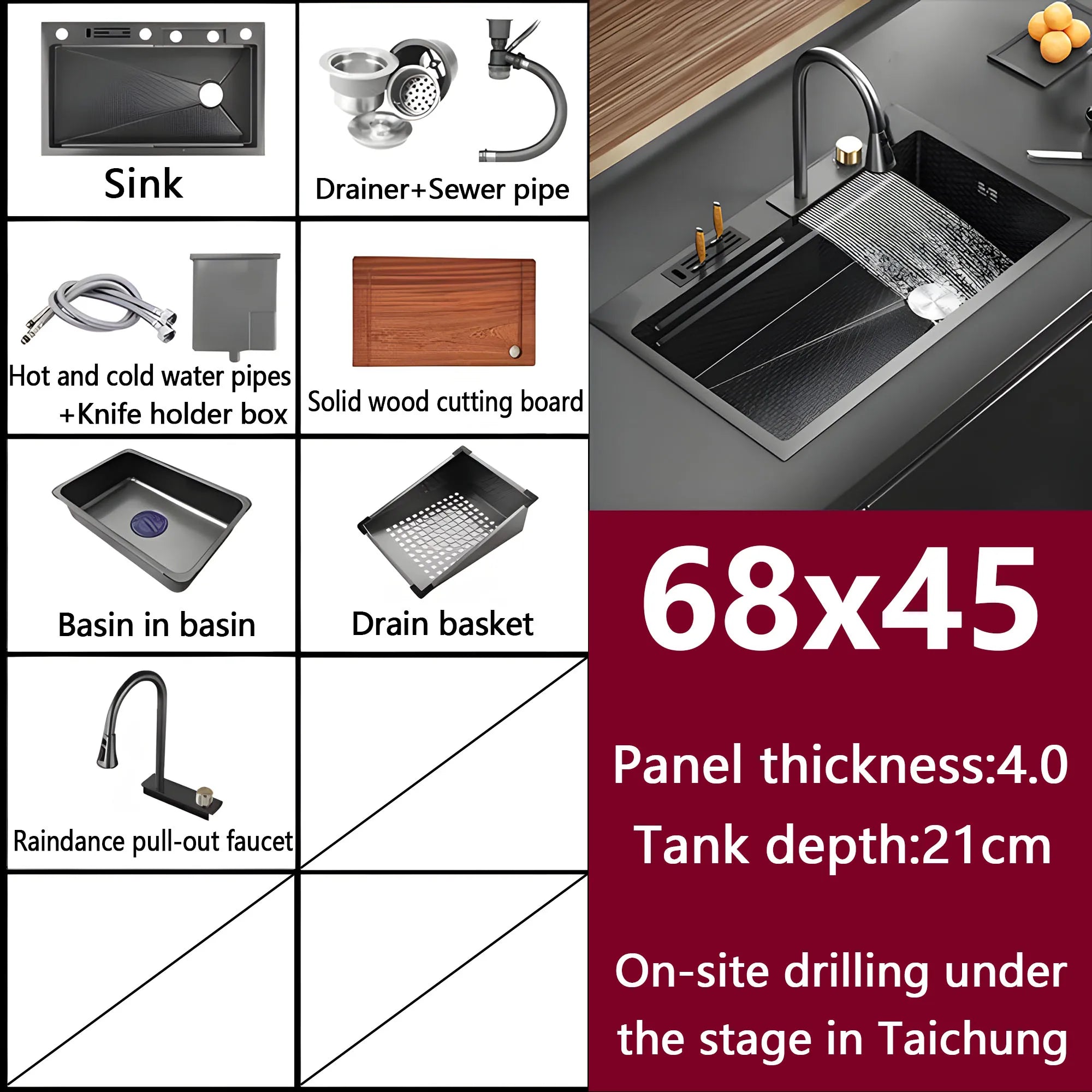 Waterfall Sink Embossed Stainless Steel Kitchen Sink Large Single Slot Digital Display Wash Basin Dishwashing Pond 4.0MM