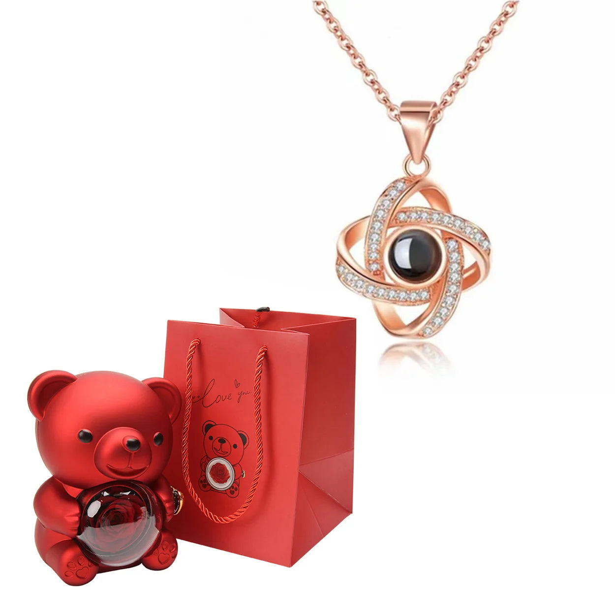 Custom Color Picture Projection Necklace with Luxury Acrylic Bear Rose Gift Box for Women Girlfriend Mom 2025 Romantic Gifts