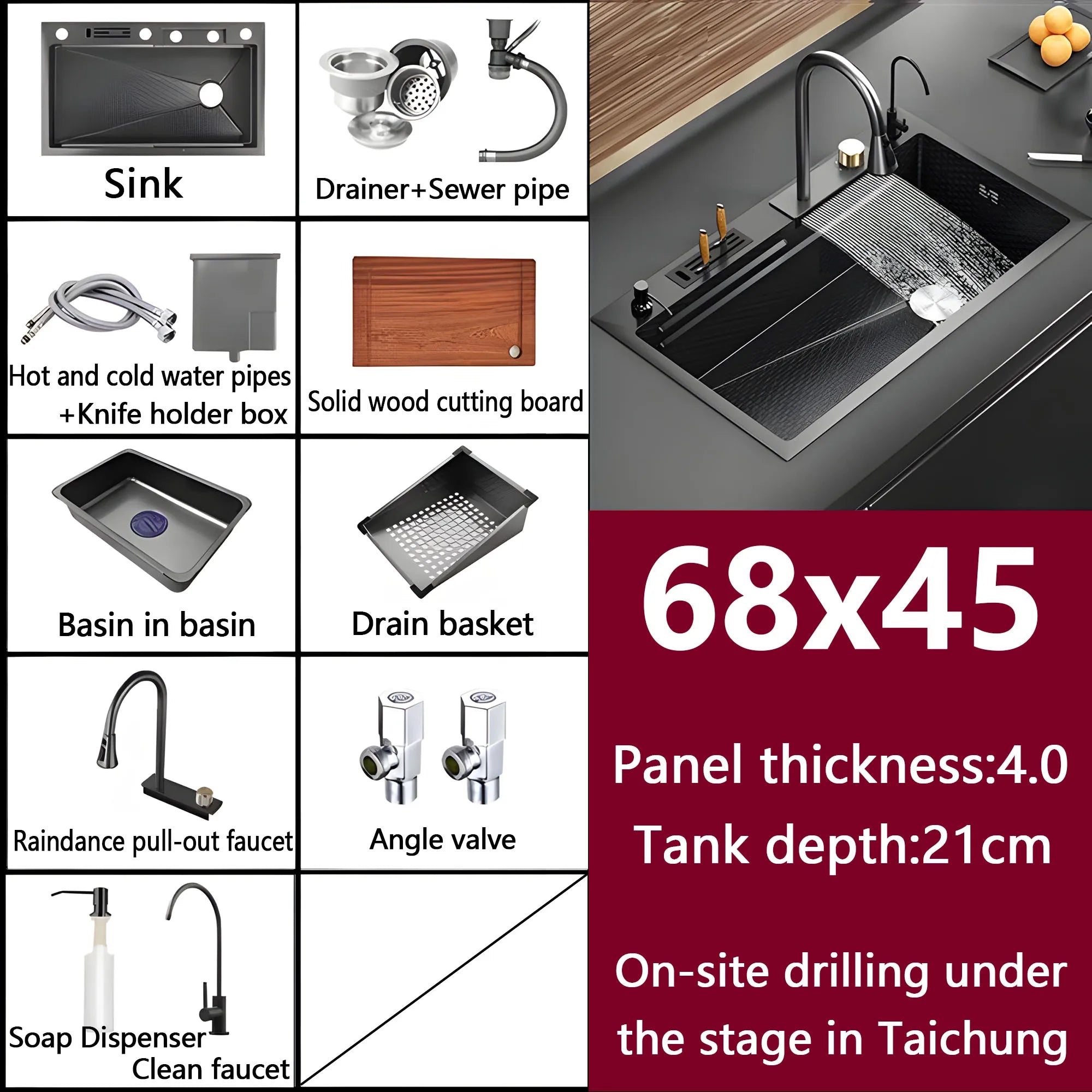 Waterfall Sink Embossed Stainless Steel Kitchen Sink Large Single Slot Digital Display Wash Basin Dishwashing Pond 4.0MM