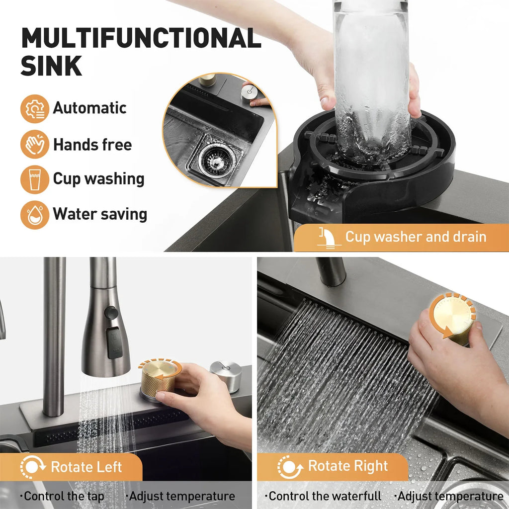 Waterfall Sink Embossed Stainless Steel Kitchen Sink Large Single Slot Digital Display Wash Basin Dishwashing Pond 4.0MM