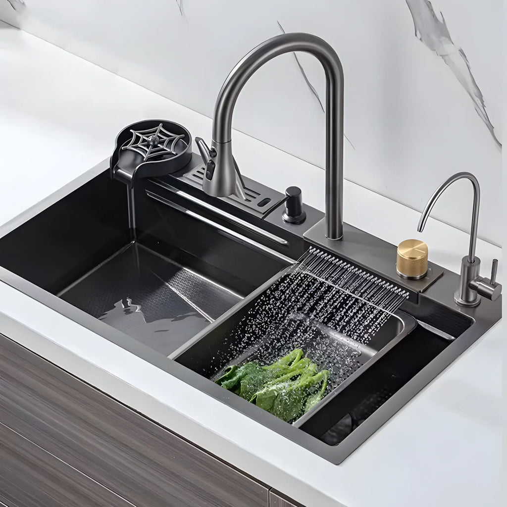 Waterfall Sink Embossed Stainless Steel Kitchen Sink Large Single Slot Digital Display Wash Basin Dishwashing Pond 4.0MM