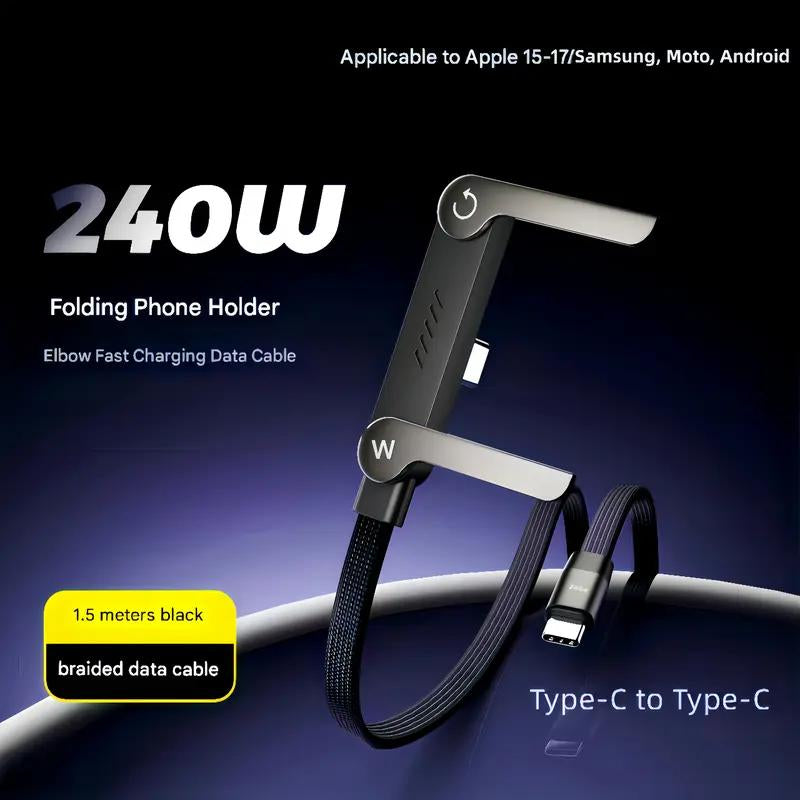 [2025 New] 240W Invisible Holder Charger Cable with Stand, Super Fast Charging 2-In-1 Fast Charging Cord & Phone Stand for Gaming, Office, Car Travel, Compatible with Iphone Samsung Type-C Charging Cable Black
